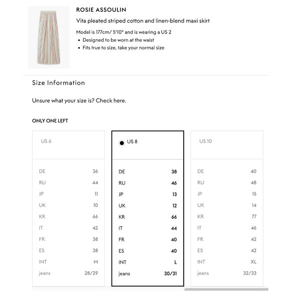 NWT Rosie Assoulin Vita Pleated Striped Cotton and Linen Blend Maxi Skirt US8 - Picture 5 of 5